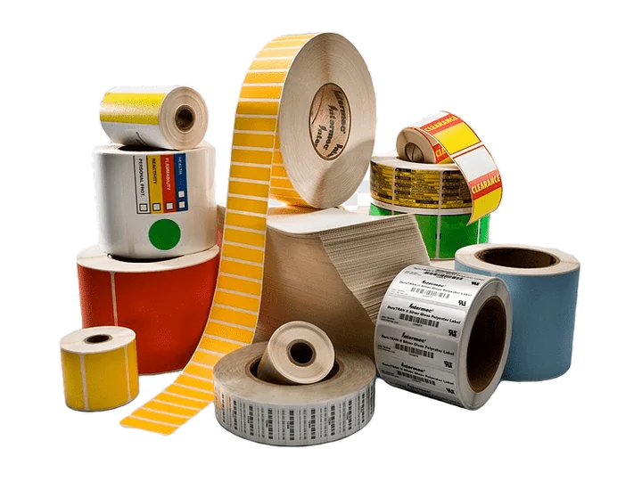 Variedad de rollos de etiquetas impresas